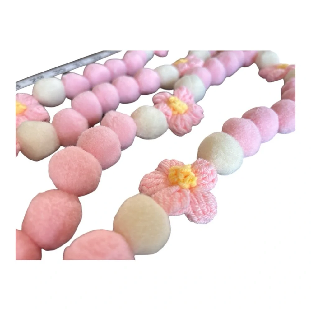 11 ft Valentine's Day Light Pink Cream & Floral Pom Pom Garland Handmade on Wire